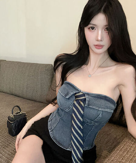 실사 정가 핫걸 폴로 칼라 스트라이프 넥타이 데님 튜브탑 여성 몸매 가꾸기 슬림해 보이는 맨위