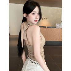 批发实拍实价 挂脖飘带莫代尔带胸垫<b class='q'>吊带</b><b class='q'>背心</b>女收腰<b class='q'>无袖</b>露肩上衣