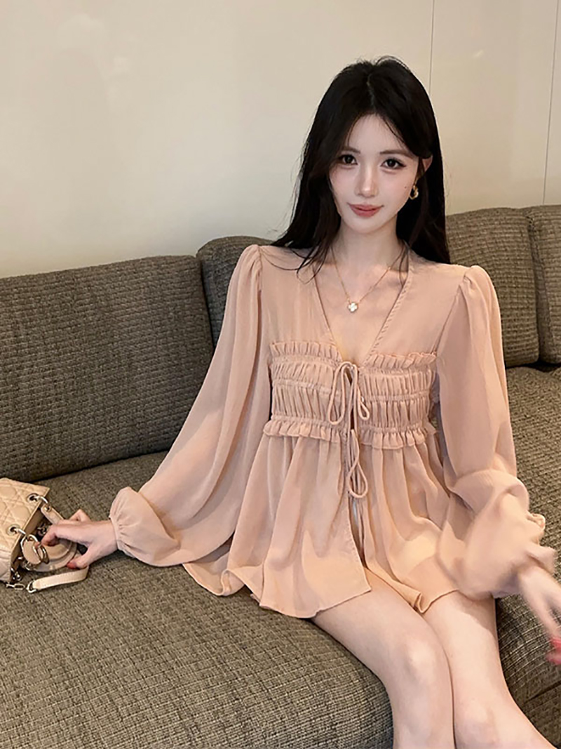 실사 정가 레이스업 V넥 품격 주름 프릴 셔츠 시스루 루즈핏 에어컨 자외선 차단 의류