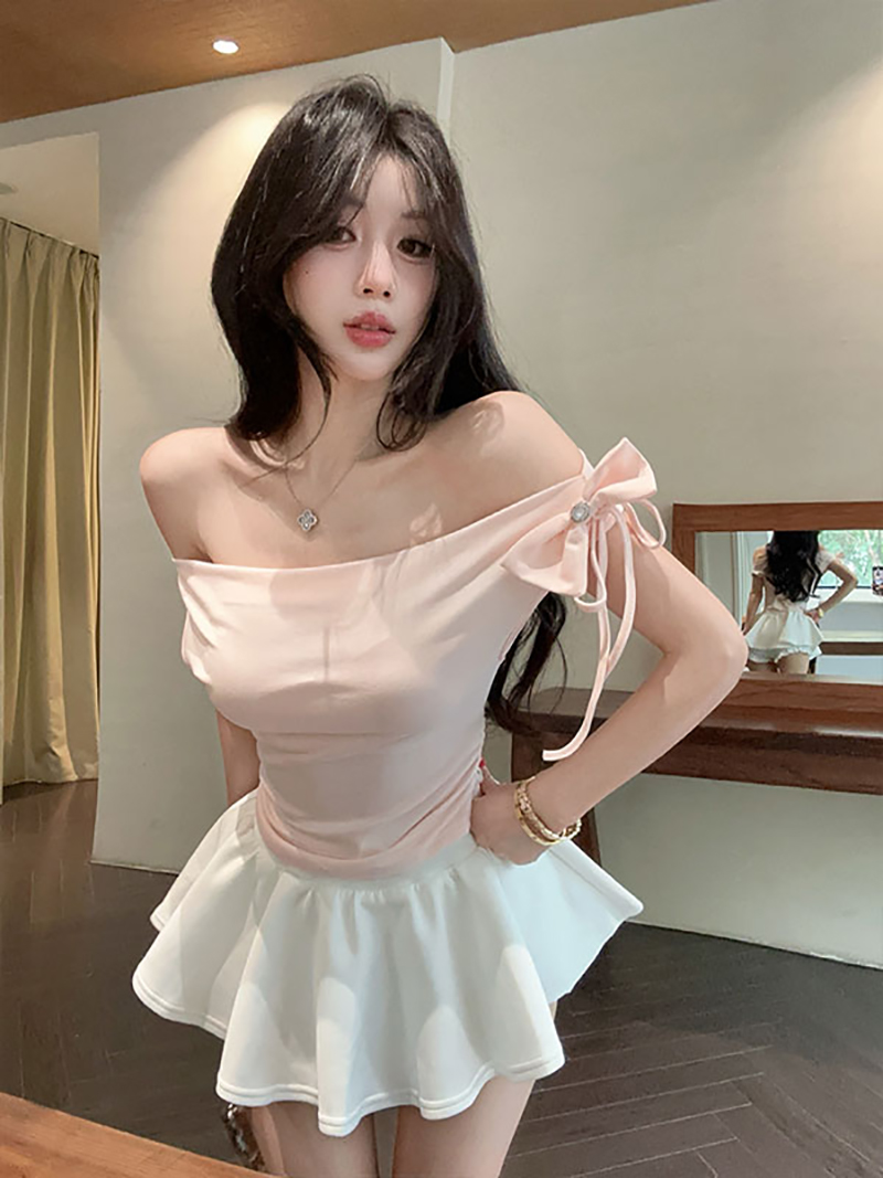 실사 한국 스타일 장난기 넘치는 나비 매듭 오프숄더 다용도 Feifei 소매 쇼트 스타일 티셔츠