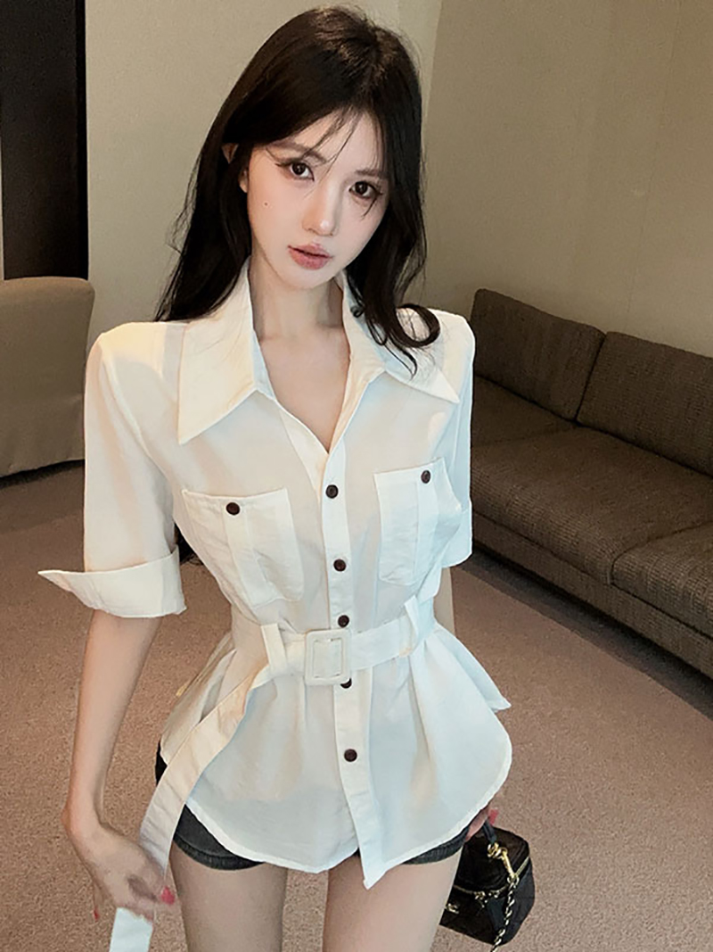 실사 정가 홍콩 느낌 패션 poio 칼라 디자인 센스 기타 주머니 7부 소매 슬림해 보이는 셔츠 벨트