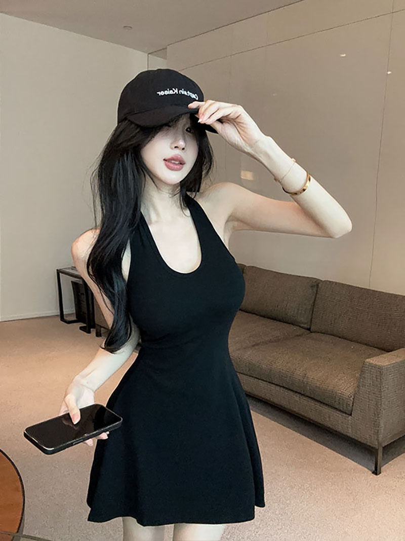 실사 정가 순수한 욕망 섹시함 행침 목 짧은 우산 치마 여성 몸매 가꾸기 니트 백리스 허리 수축 드레스