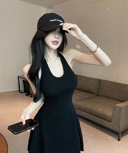 실사 정가 순수한 욕망 섹시함 행침 목 짧은 우산 치마 여성 몸매 가꾸기 니트 백리스 허리 수축 드레스