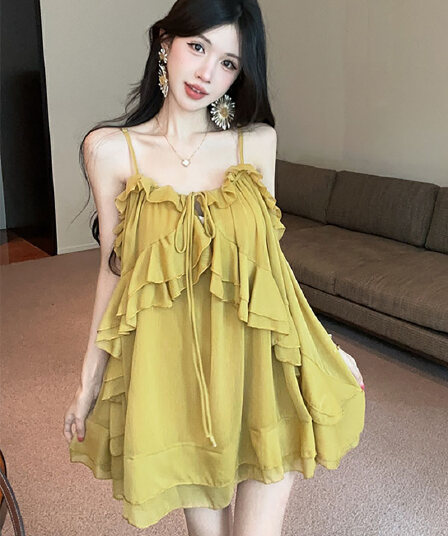 실사 정가 품격 무거운 작업 슬립 프릴 불규칙 여성 드레스