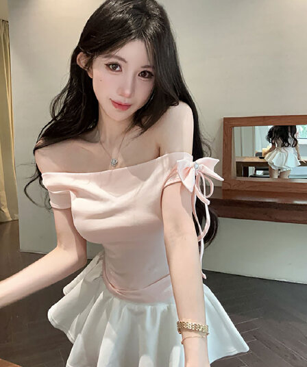 실사 한국 스타일 장난기 넘치는 나비 매듭 오프숄더 다용도 Feifei 소매 쇼트 스타일 티셔츠