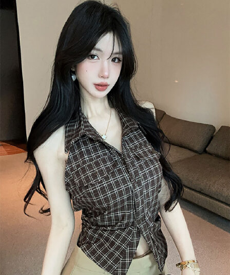 실사 정가 핫걸 레트로 체크무늬 폴로 칼라 민소매 여성 셔츠 품격 다용도 맨위