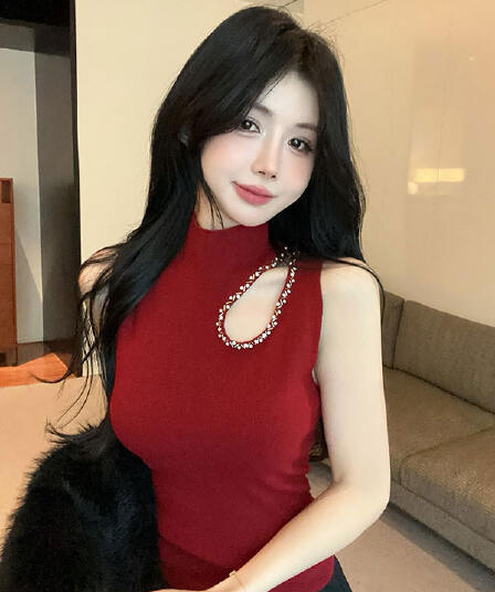 실사 정가 반하이넥 무거운 작업 패션 홀로우 아웃 기본 셔츠 여성 가을 겨울 인사이드 가져 가라. 몸매 가꾸기 민소매 니트 스웨터