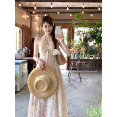 批发长款v领碎花挂脖无袖吊带连衣裙女夏季法式田园风度假裙子