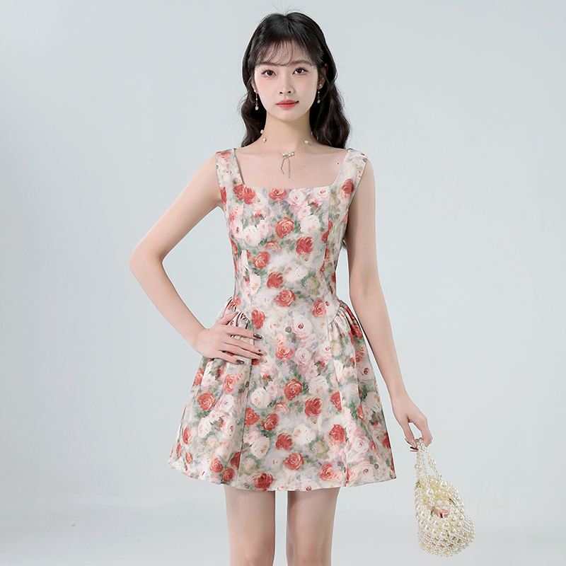천 금빛 바람 광장 칼라 민소매 조끼 슬립 여성 드레스 여름 레트로 꽃무늬 한 마디 퍼프 짧은 치마