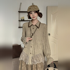 批发宽松常规款拼接气质<b class='q'>衬衫</b>长袖蕾丝针织秋季外搭翻领