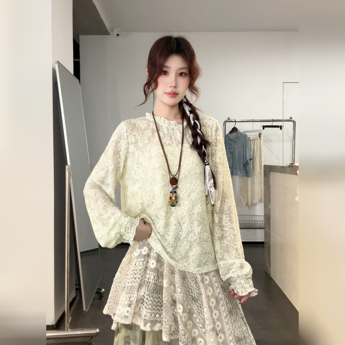 작은 주 오족 맨위 송얀 이끼 흔적 품격 국풍 문예 다용도 라운드 넥 풀오버 레이스 티셔츠 10396