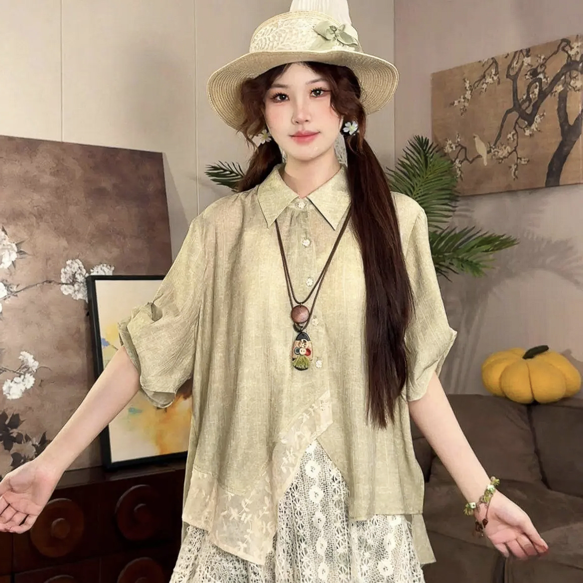작은 주 오족 셔츠 이슬 그림자 여름 디자인 센스 레트로 불규칙 패치워크 반팔 셔츠 여성 21379