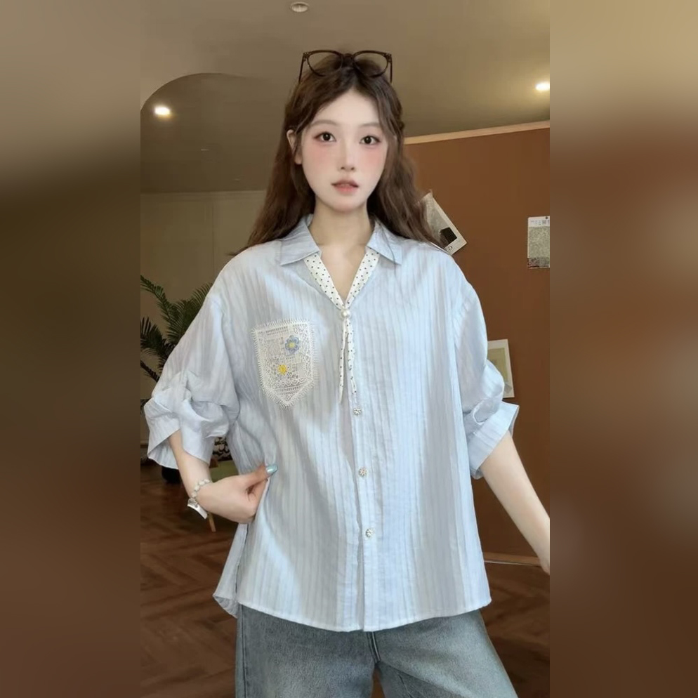 라운드 맨위 화창한 날 여름 디자인 센스 레이스 조각 다용도 신선함 셔츠 21682