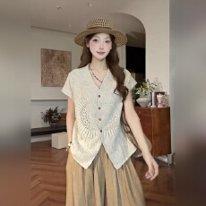 批发L圆圆上衣夏季洋气小众气质百搭开叉显高衬衫21879