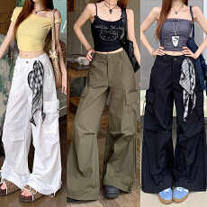 批发实拍辣妹复古<b class='q'>工装裤</b>休闲裤<b class='q'>女</b>夏季高腰显瘦阔腿裤<b class='q'>运动</b>裤直筒长裤子