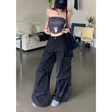 批发实拍辣妹复古<b class='q'>工装裤</b>休闲裤<b class='q'>女</b>夏季高腰显瘦阔腿裤<b class='q'>运动</b>裤直筒长裤子