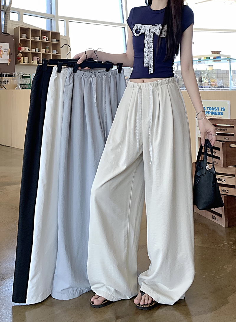 실사 느긋한 센스 캐주얼 바지 여성 여름 단색 허리밴드 바지 슬림해 보이는 와이드 레그 팬츠 루즈핏 도루 센스 바닥 청소 바지