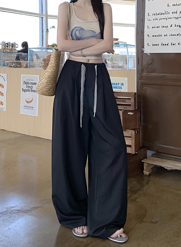 실사 느긋한 센스 캐주얼 바지 여성 여름 단색 허리밴드 바지 슬림해 보이는 와이드 레그 팬츠 루즈핏 도루 센스 바닥 청소 바지