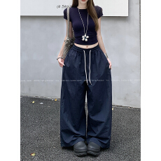 批发实拍慵懒感休闲裤女夏季纯色松紧腰裤子显瘦<b class='q'>阔腿裤</b>宽松垂感拖地裤