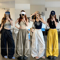 批发实拍美式设计感黄色辣妹工装裤<b class='q'>女</b>夏季高腰显瘦宽松阔腿裤拖地<b class='q'>裤</b>