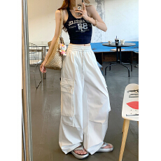 批发实拍美式设计感黄色辣妹工装裤<b class='q'>女</b>夏季高腰显瘦宽松阔腿裤拖地<b class='q'>裤</b>