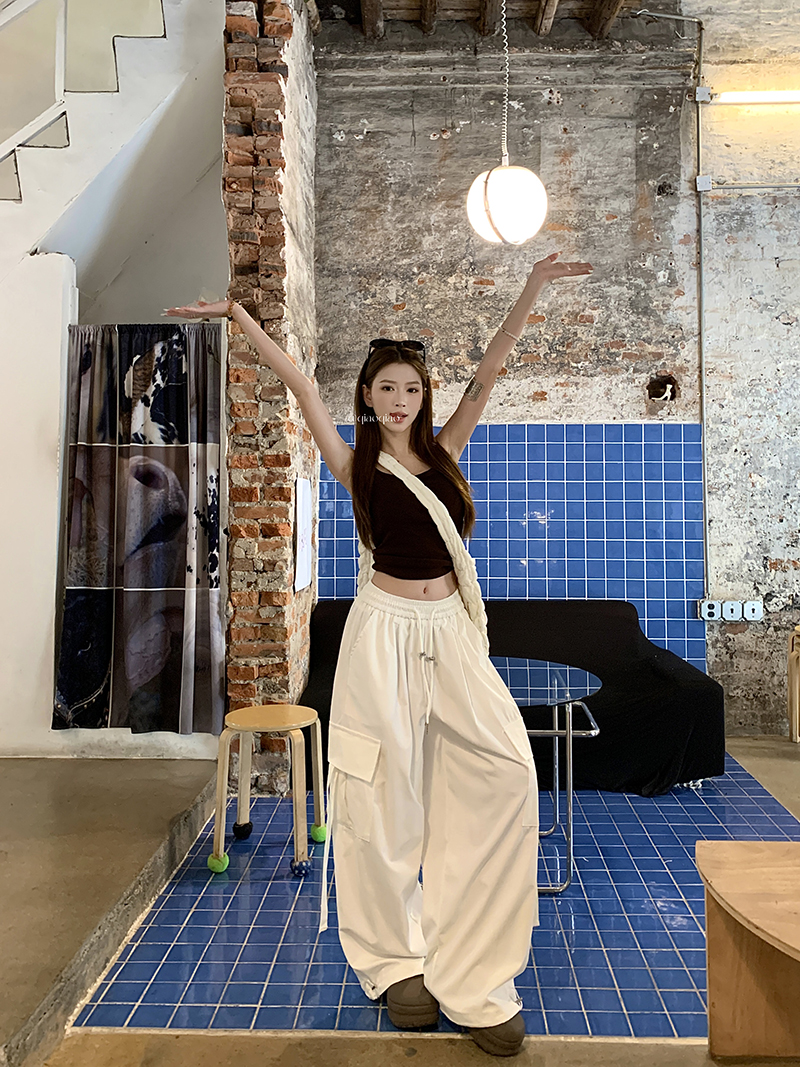 실사 아메리칸 디자인 센스 화이트 핫걸 워크웨어 팬츠 여성 하이웨이스트 슬림해 보이는 스트레이트 팬츠 루즈핏 와이드 레그 팬츠 바닥 청소 바지