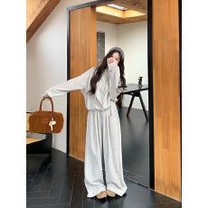 批发实拍2026春季慵懒感休闲灰色套头卫衣+高腰宽松阔腿裤垂感拖地裤