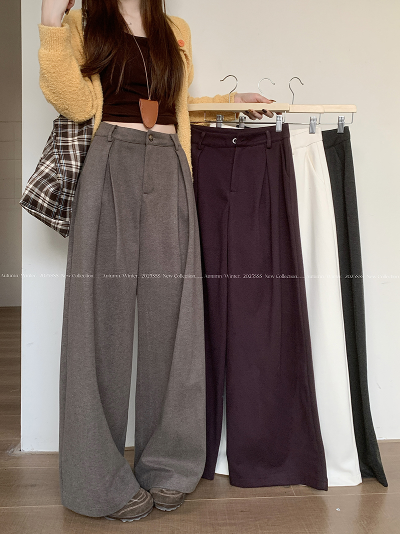 Real-shot relaxed-style designer loose casual pants, woolen pants for women—autumn and winter thickened straight-leg pants, wide-leg pants, floor-length pants.