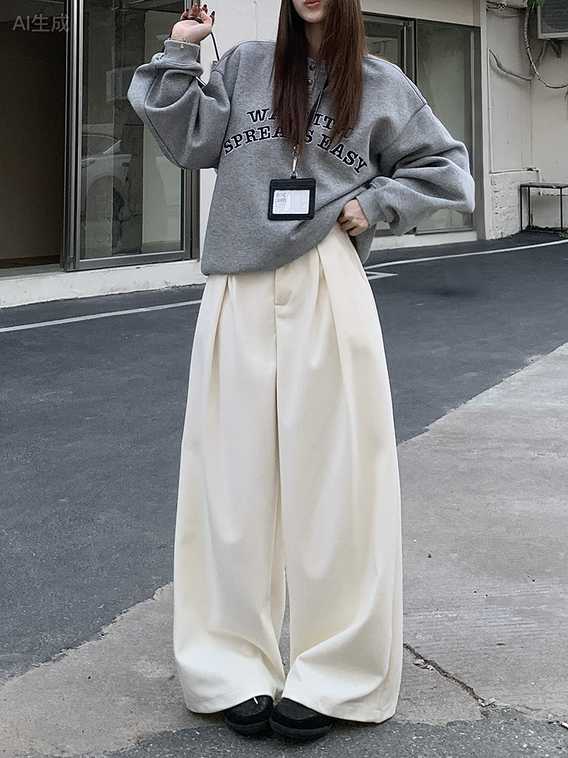 Real-shot relaxed-style designer loose casual pants, woolen pants for women—autumn and winter thickened straight-leg pants, wide-leg pants, floor-length pants.