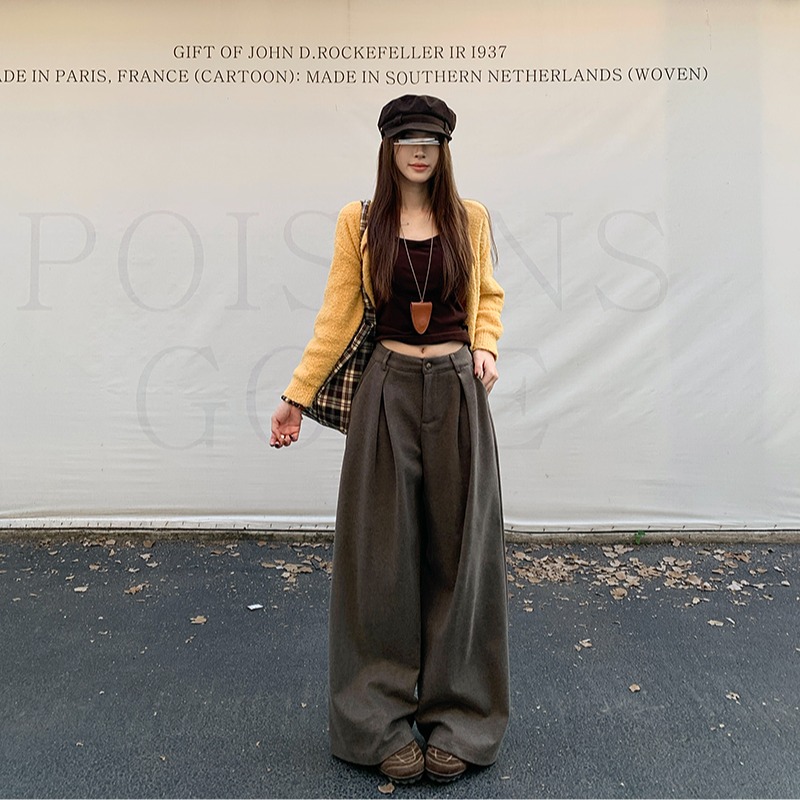 Real-shot relaxed-style designer loose casual pants, woolen pants for women—autumn and winter thickened straight-leg pants, wide-leg pants, floor-length pants.