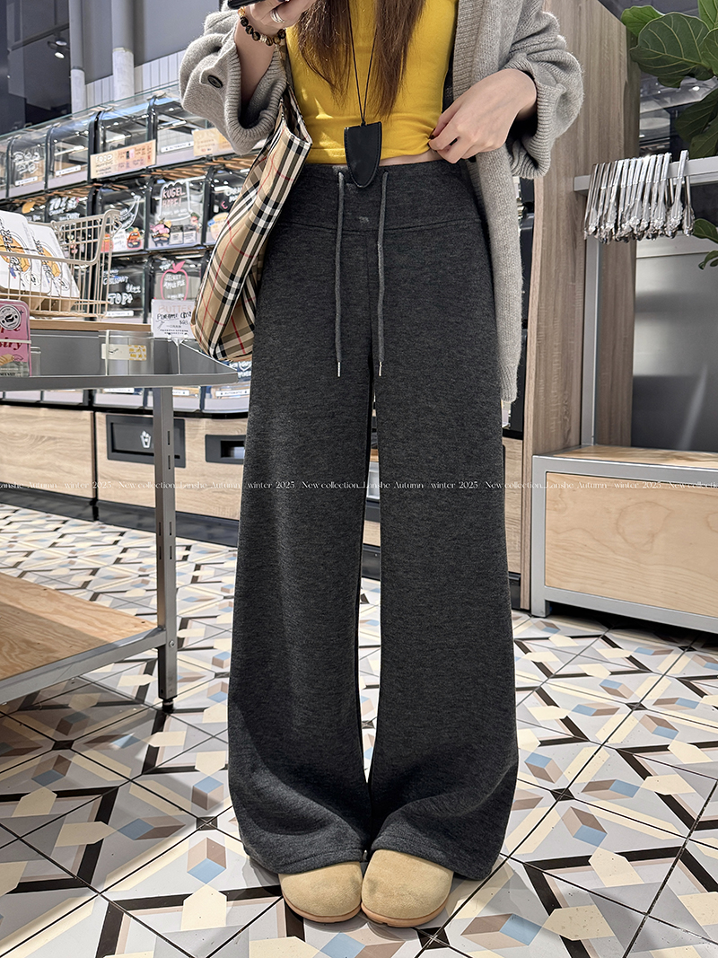 Women's Autumn/Winter High-Waist Straight Leg Wide Leg Lounge Pants with Fleece Lining, Relaxed Gray Tone, Shot in Real, Flowy Floor-Length