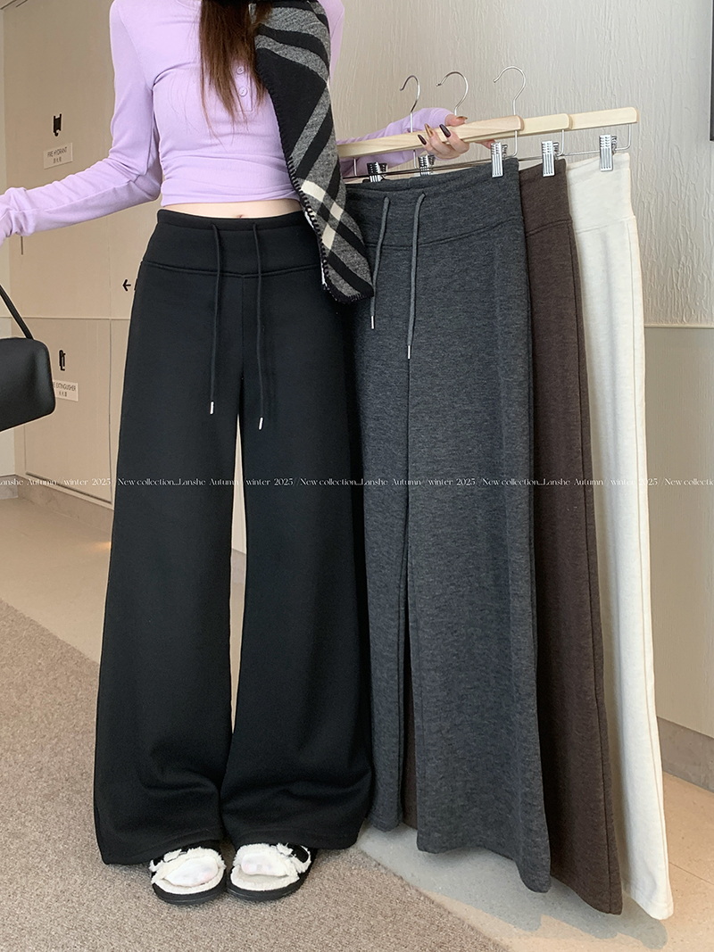 Women's Autumn/Winter High-Waist Straight Leg Wide Leg Lounge Pants with Fleece Lining, Relaxed Gray Tone, Shot in Real, Flowy Floor-Length