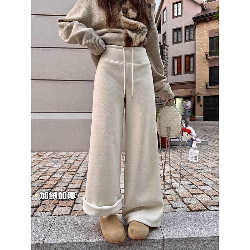 Women's Autumn/Winter High-Waist Straight Leg Wide Leg Lounge Pants with Fleece Lining, Relaxed Gray Tone, Shot in Real, Flowy Floor-Length