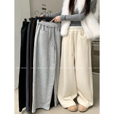 批发实拍慵懒风灰色加绒休闲裤女秋冬高腰直筒裤阔腿裤长裤垂感拖地裤