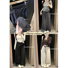 批发实拍2026春季新款灰色阔腿<b class='q'>西装</b>裤女高腰显瘦宽松百搭拖地长裤子女