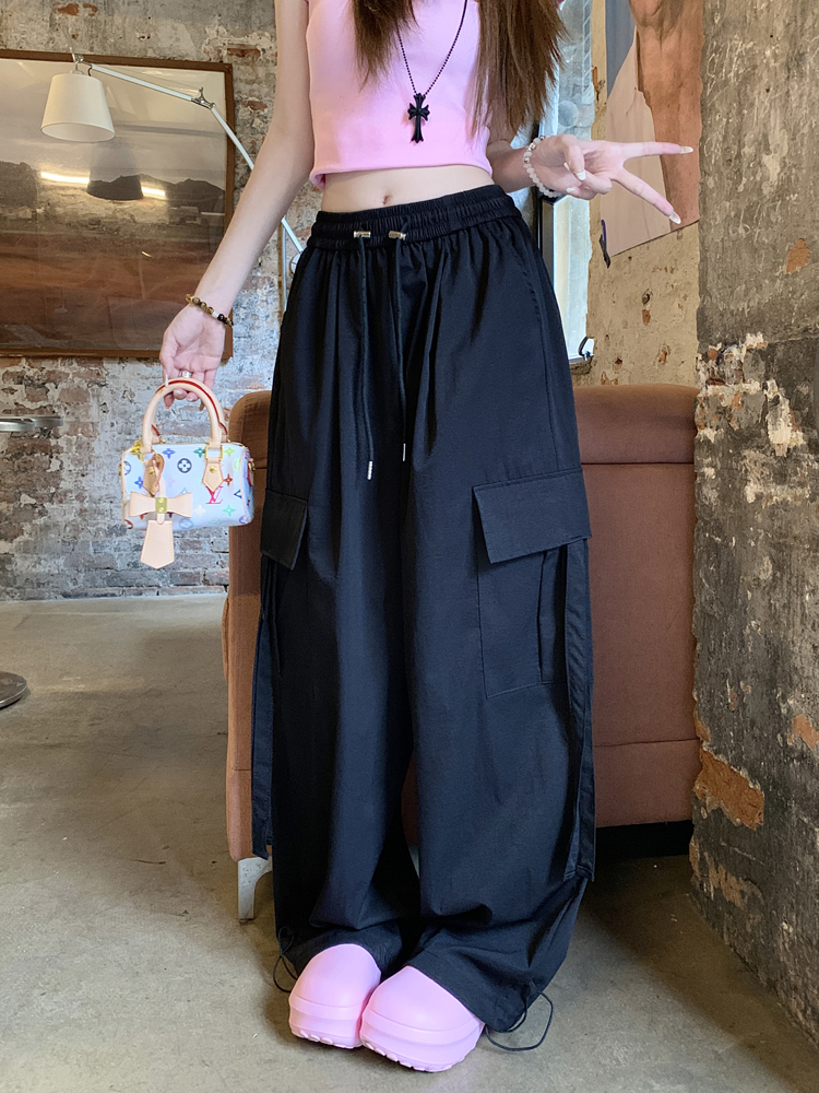 실사 아메리칸 디자인 센스 화이트 핫걸 워크웨어 팬츠 여성 하이웨이스트 슬림해 보이는 스트레이트 팬츠 루즈핏 와이드 레그 팬츠 바닥 청소 바지