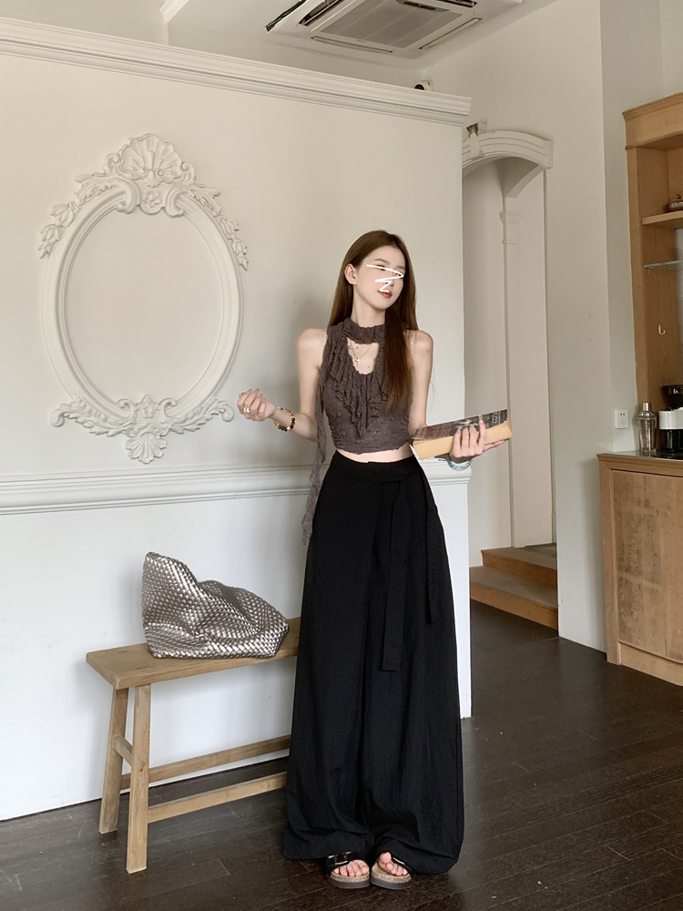 실사 디자인 센스 스트랩 캐주얼 바지 여성 여름 스트레이트 팬츠 슬림해 보이는 와이드 레그 팬츠 루즈핏 도루 센스 바닥 청소 바지 긴 바지