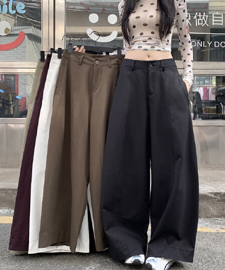 실사 아메리칸 느긋한 바람 모통이 칼 바지 캐주얼 바지 여성 여름 하이웨이스트 루즈핏 와이드 레그 팬츠 가을 다용도 롱 바지
