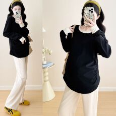 批发孕妇装秋冬爆款洋气拼色设计感褶皱托腹潮妈大码显瘦百搭风打底衫