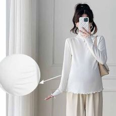 批发孕妇装秋冬木耳边内搭保暖半高领双面磨毛褶皱遮肚修身显瘦潮T恤