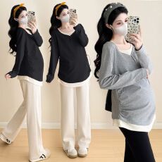 批发孕妇装秋冬季新款假两件上衣拼接撞色春秋长袖遮肚不显怀潮打底衫