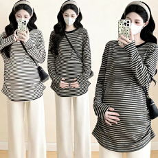 批发孕妇装2026秋冬新款德绒保暖条纹上衣潮妈大码遮肚显瘦百搭潮T恤