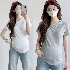 批发孕妇装网红爆款V领短袖纯色T恤<b class='q'>夏</b>季新款宽松遮肚子显瘦百搭潮T恤