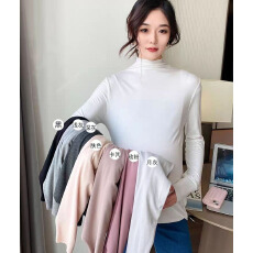 批发<b class='q'>孕妇装</b>春季新款半高领纯色打皱款上衣潮妈宽松遮肚显瘦通勤潮T恤