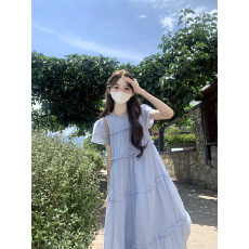 批发实拍实价 法式木耳边飞飞袖甜美蛋糕裙中长裙