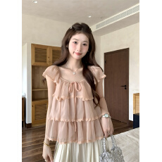 批发实拍实价 韩系方领甜妹小飞袖蕾丝边上衣