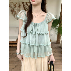 批发实拍实价 韩系方领甜妹小飞袖蕾丝边上衣