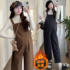 批发实拍现2025秋冬新款加绒加厚灯芯绒<b class='q'>韩版</b>孕妇休闲背带直筒裤套装