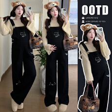 批发新品现~ 2025孕妇秋季新款<b class='q'>韩版</b>休闲牛仔<b class='q'>背带裤</b>+毛衣套装