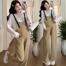 实拍现~ 2026孕妇装春季新款韩版休闲牛仔背带裤+花边V领上衣